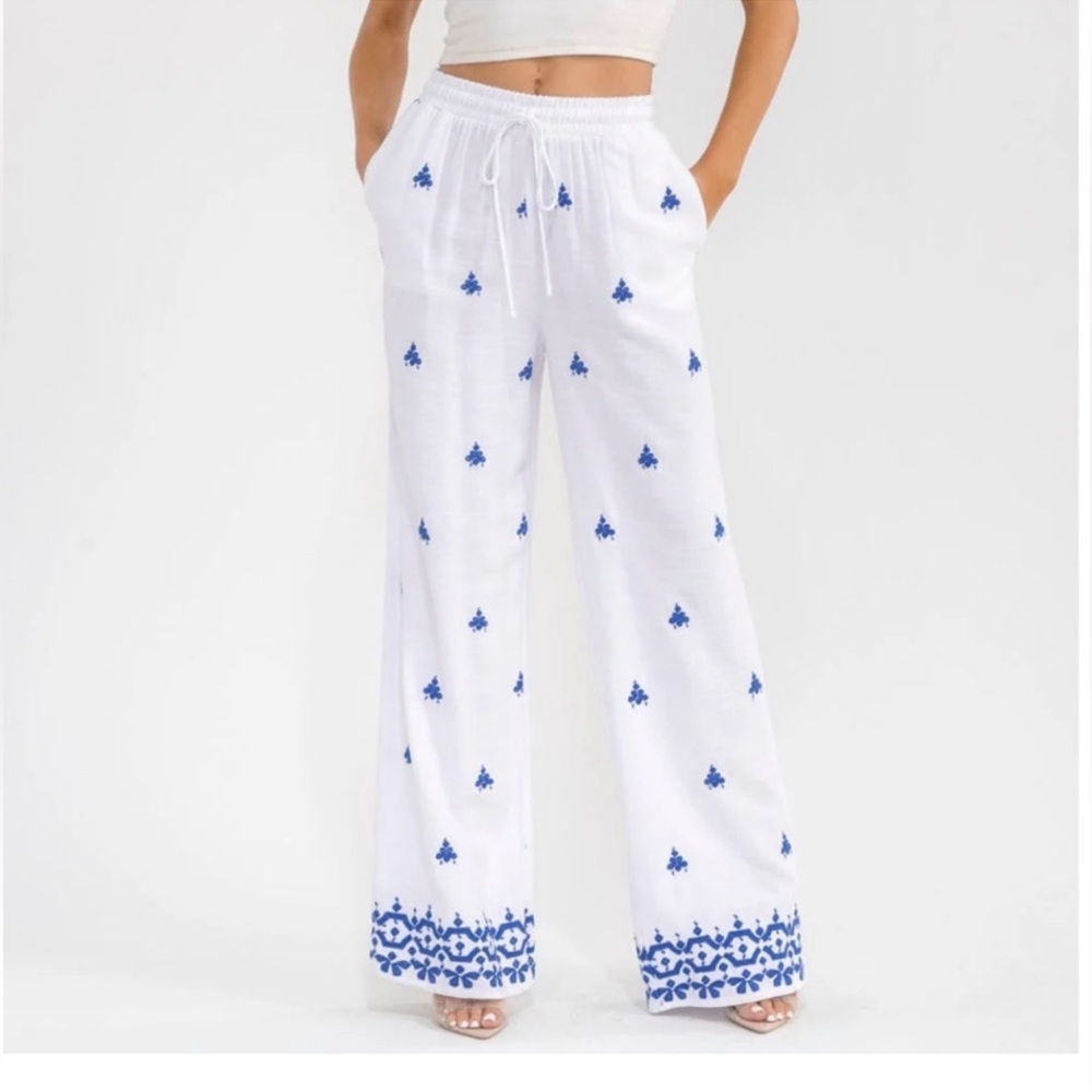 Bohemian Linen Wide Leg Embroidered Pants - Picture 2 of 4